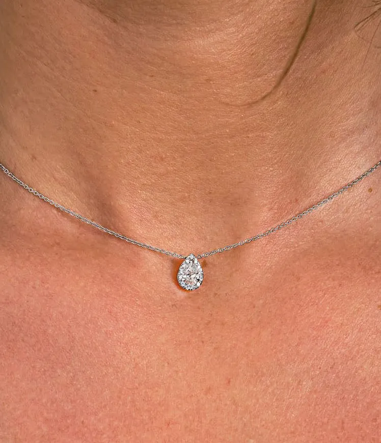 0.50 CT Pear Moissanite Diamond Halo Pendent Necklace