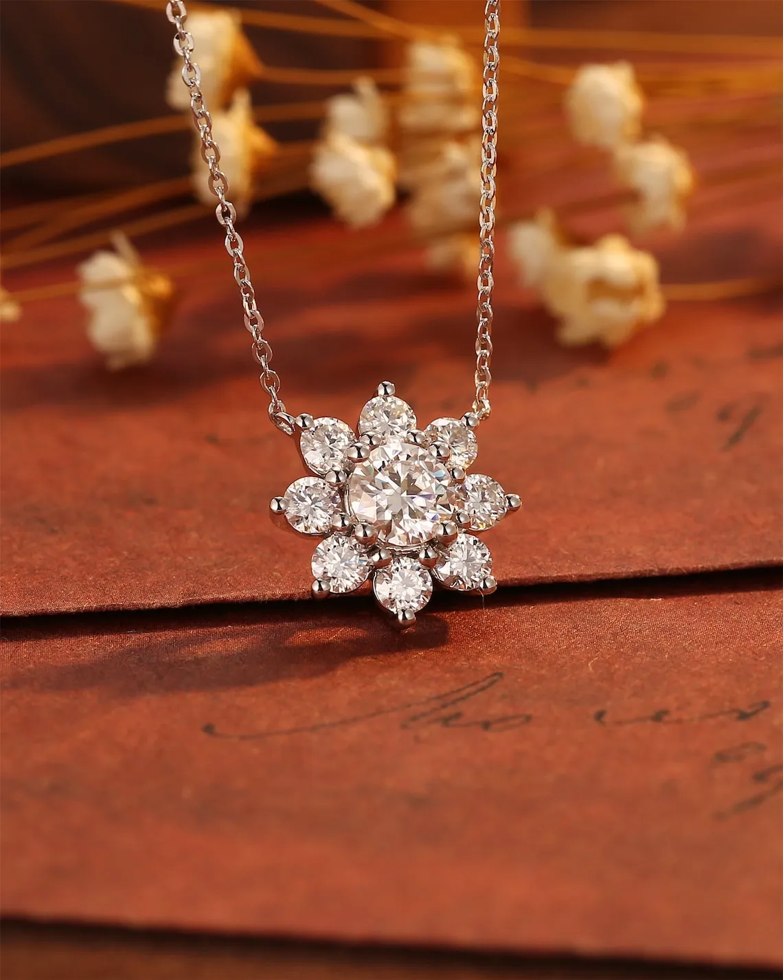 0.50 CT Round Moissanite Diamond Floral Necklace