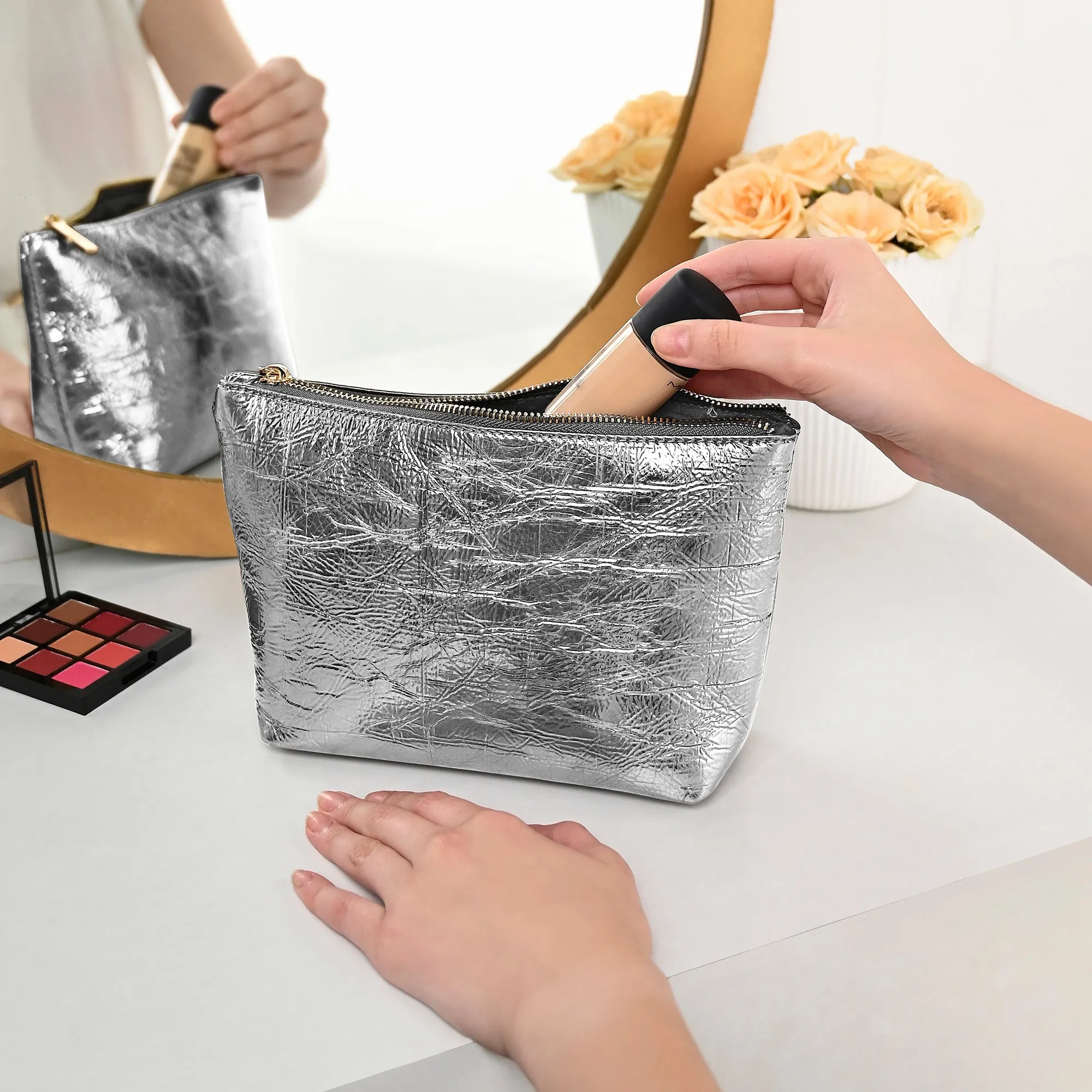 Accessorize London Women's Pewter Large Metallic Makeup Bag