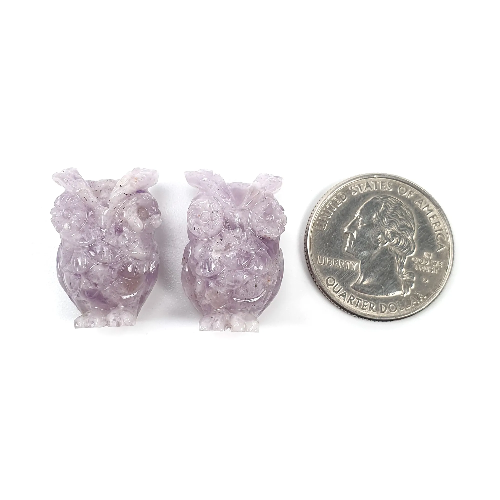 Amethyst Gemstone Carving : 66.50cts Natural Untreated Purple Amethyst Hand Carved Owl Sculpture 24*16mm Pair