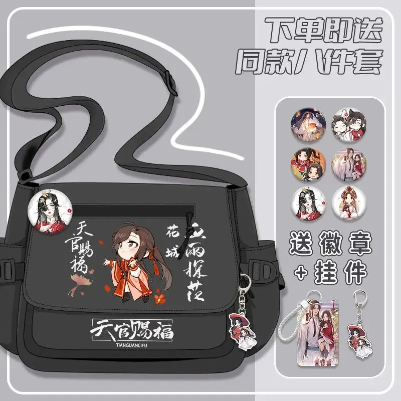 Anime Tianguancifu Shoulder Bag Black White Messenger Cartoon With Front Zipper Badges Crossbody