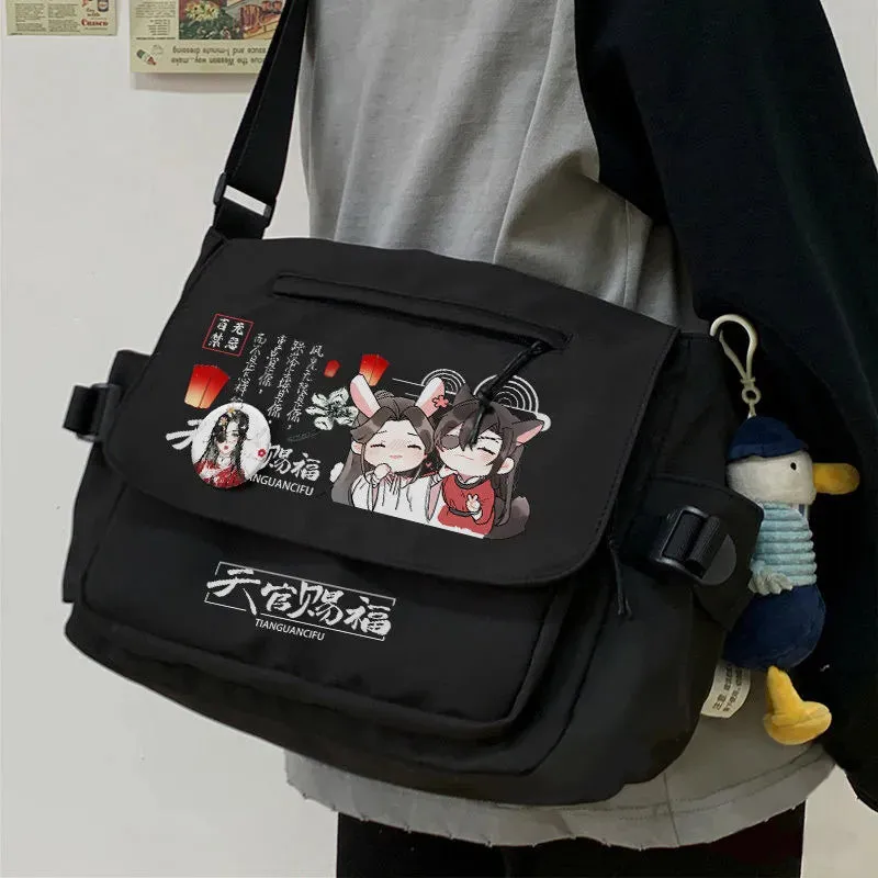 Anime Tianguancifu Shoulder Bag Black White Messenger Cartoon With Front Zipper Badges Crossbody