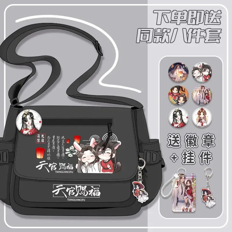 Anime Tianguancifu Shoulder Bag Black White Messenger Cartoon With Front Zipper Badges Crossbody