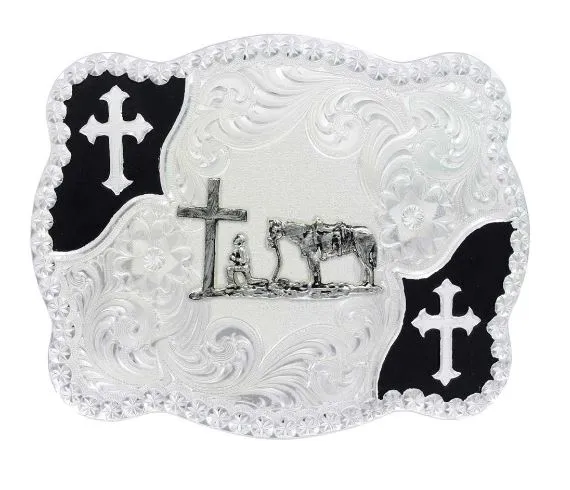 Christian Flourish Scallop Shape Belt Buckle with Christian Cowboy