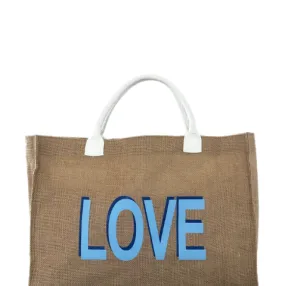 Classic Blue Love Jute Burlap Tote