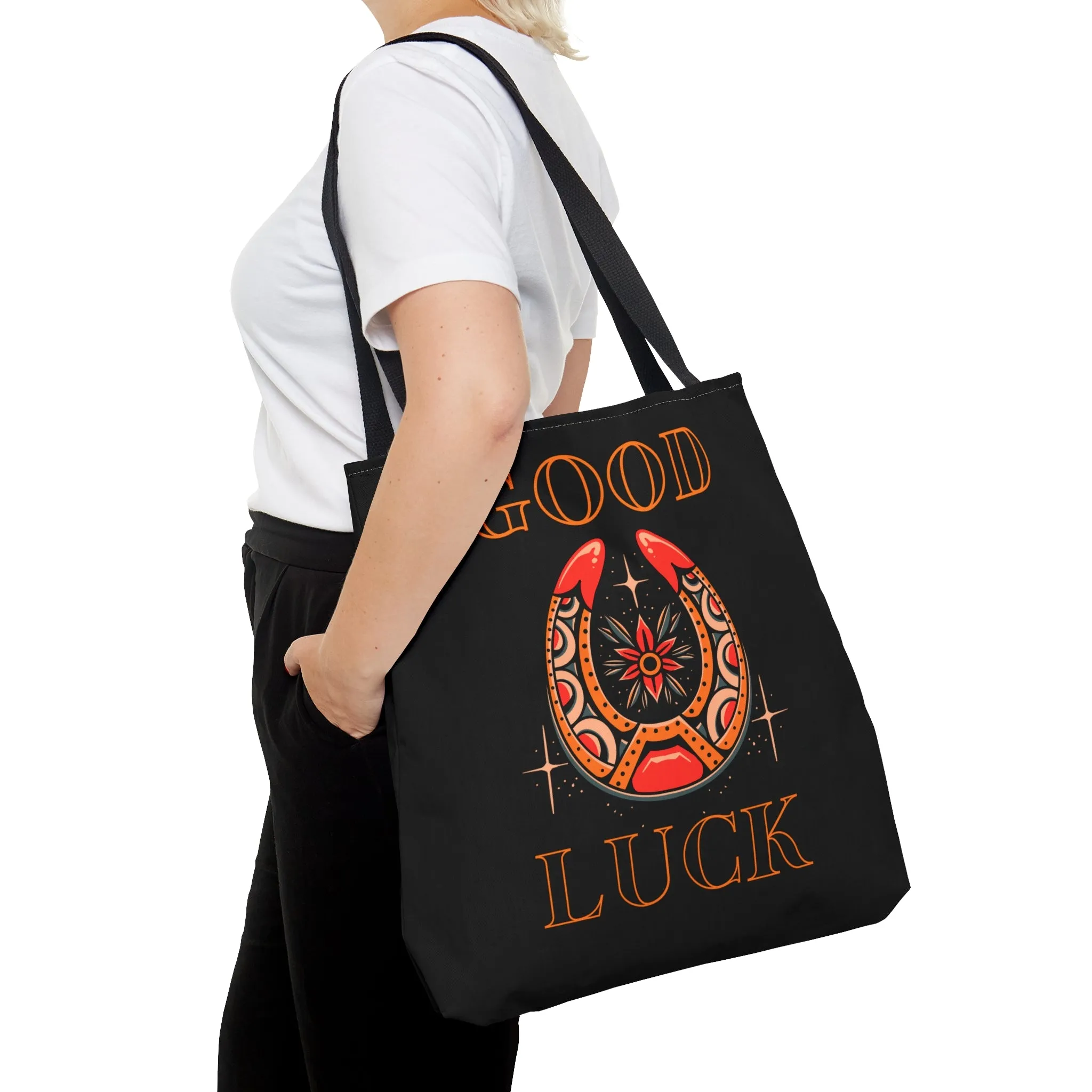 Copy of Good Luck Tattoo Tote Bag in Black / Vintage American Old School Traditional Tattoo Flash  / Punk Rock Beach Shopping Bag Lucky