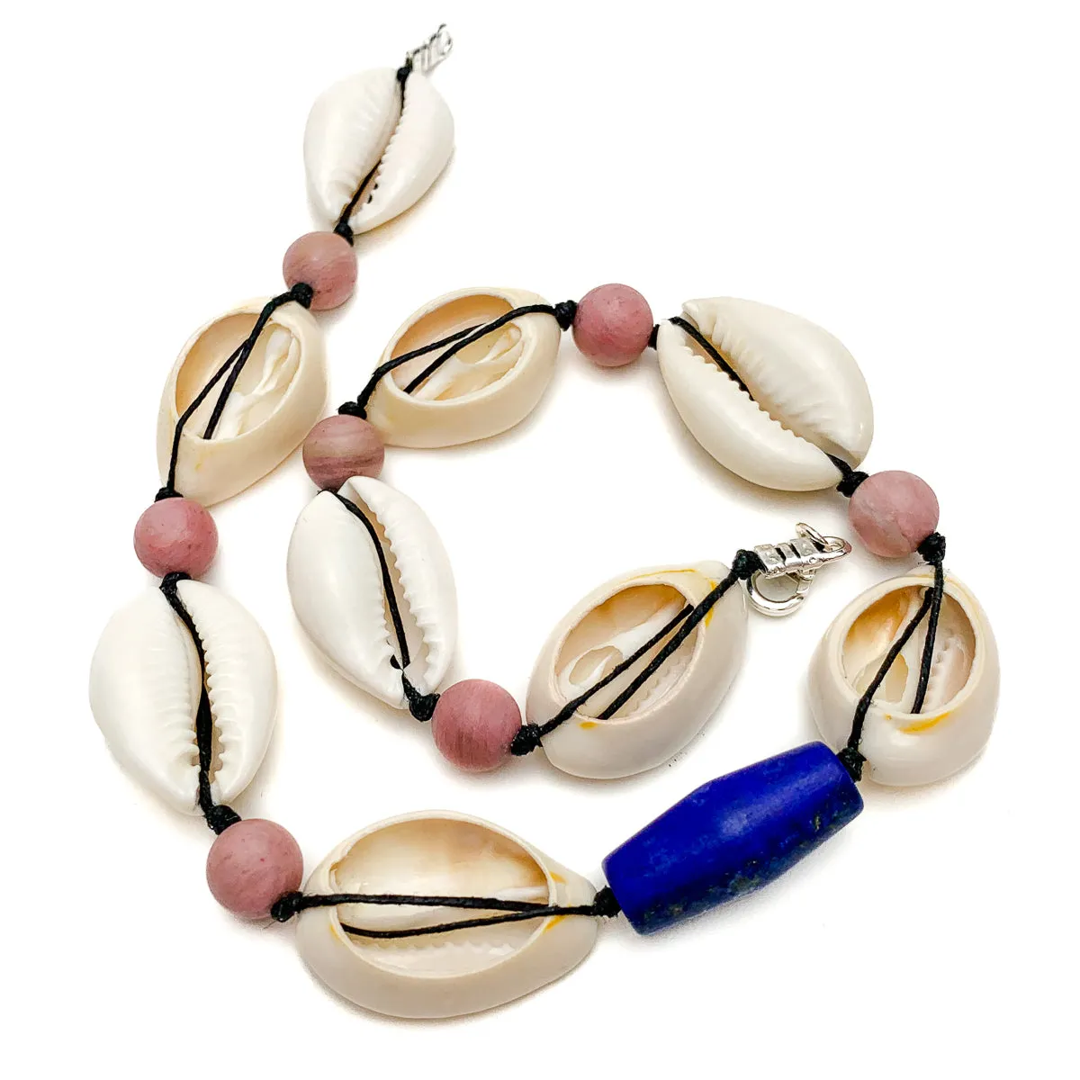 Cowrie Shell, Lapis Lazuli and Thulite Choker Necklace With Sterling Silver Trigger Clasp