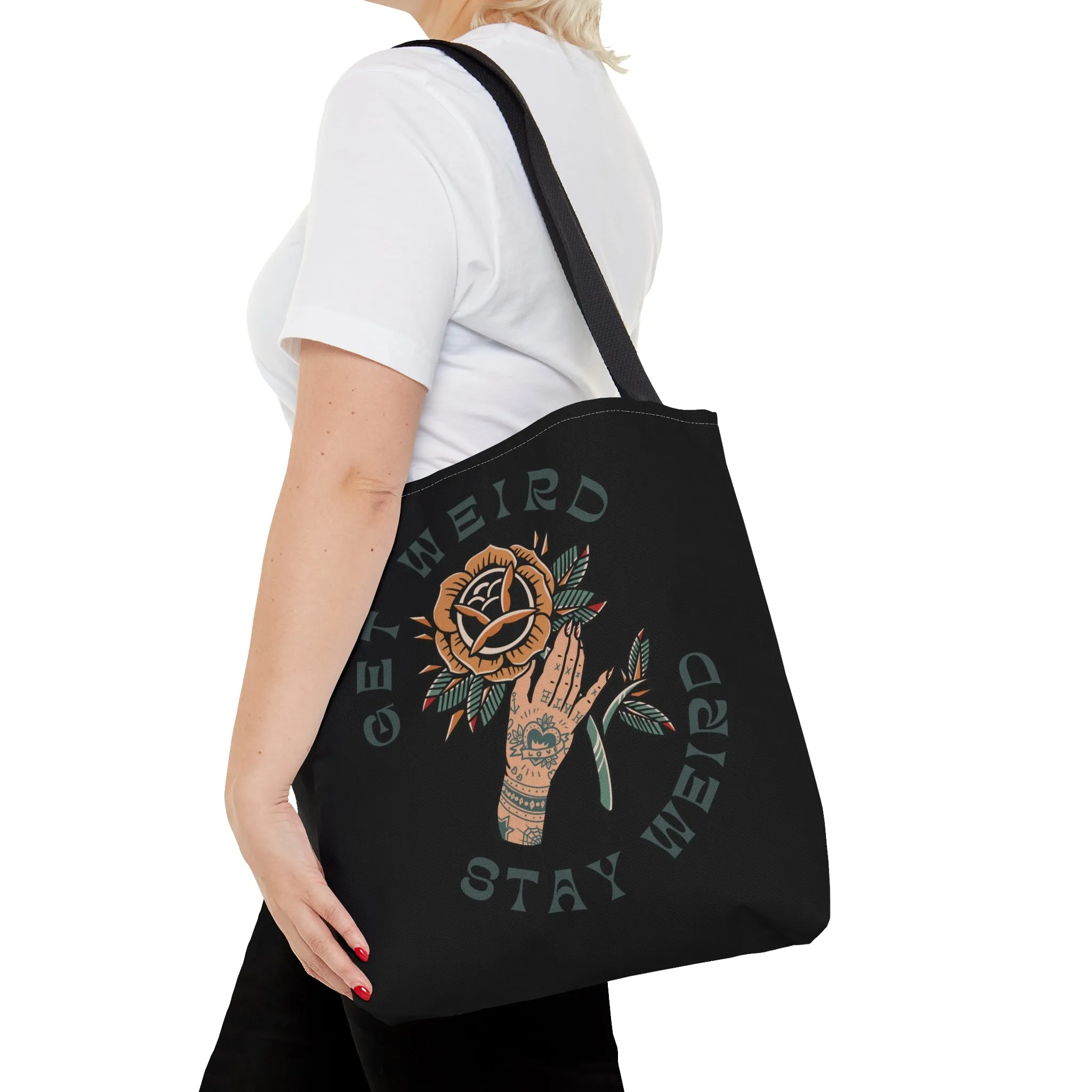 Get Weird Stay Weird Tattoo Tote Bag in Black / Vintage American Old School Traditional Tattoo Flash  / Punk Rock Beach Shopping