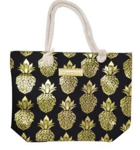 Gold Pineapple on Black Tote Bag with Zipper