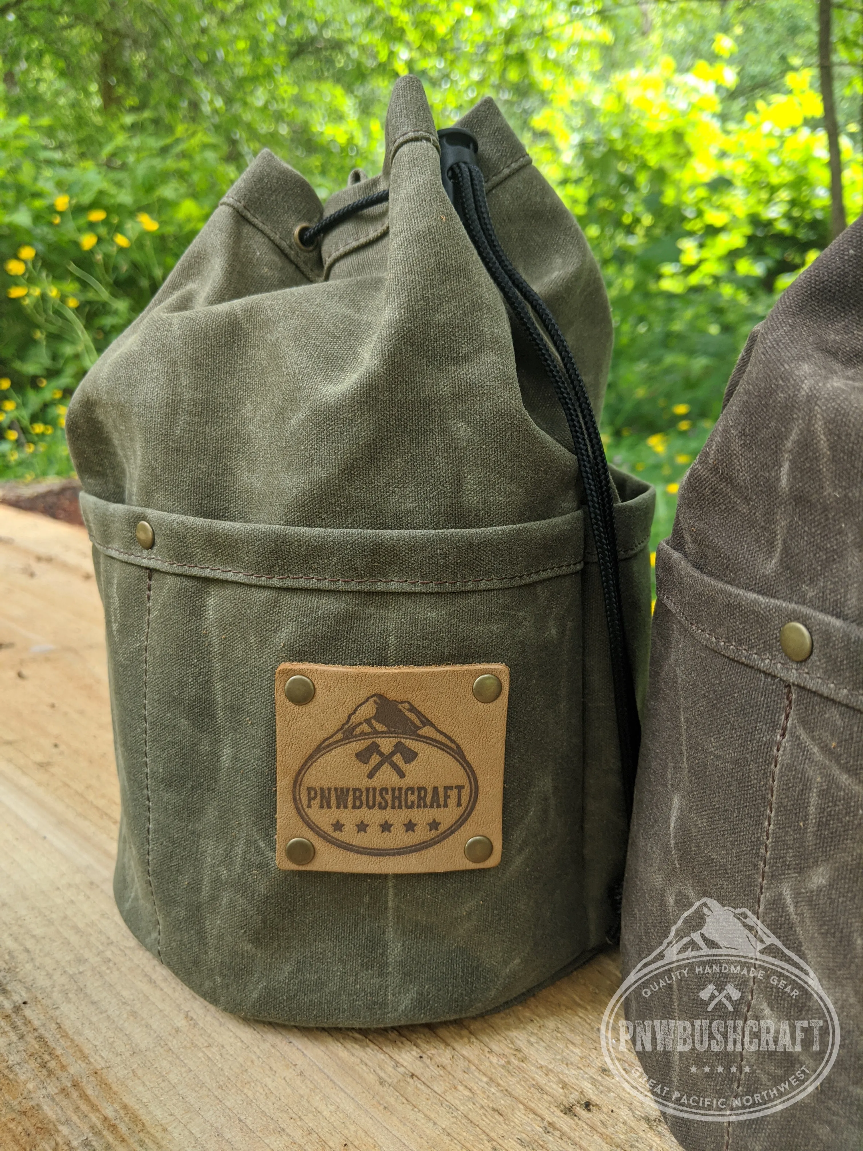 Handcrafted Waxed Canvas Cedar Bucket Bag with Outside Pockets