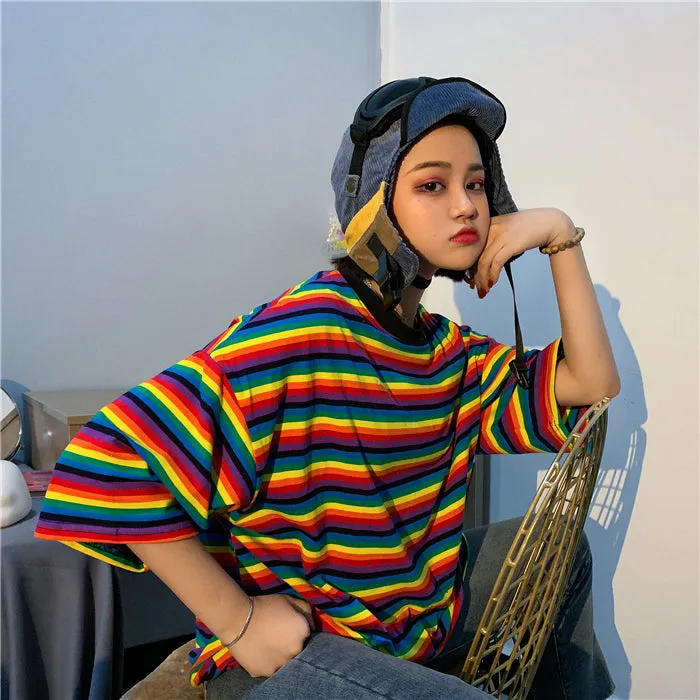 HARAJUKU KOREANSTYLE ULZZANG RETRO RAINBOW STRIPE SHIRT BY22094