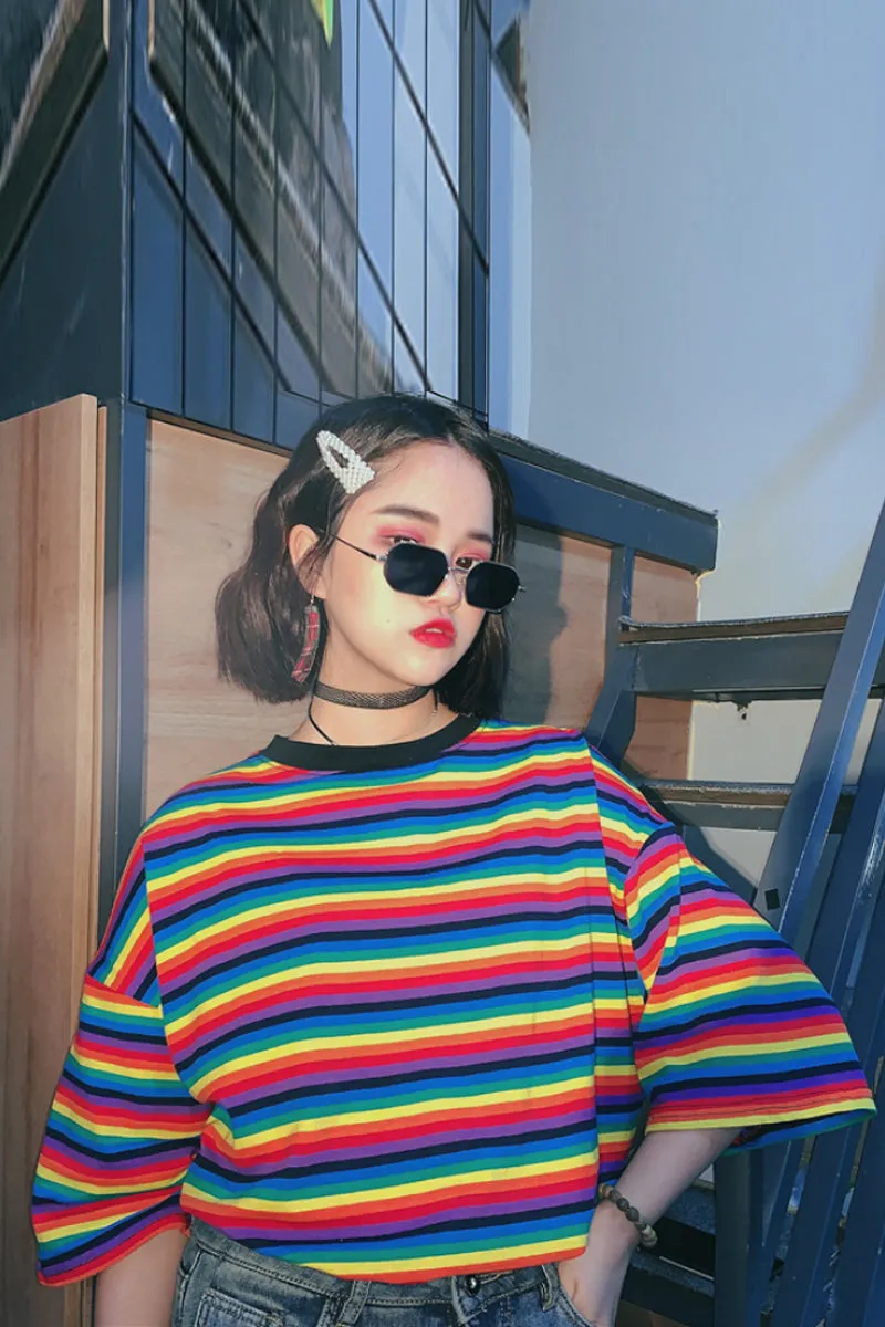 HARAJUKU KOREANSTYLE ULZZANG RETRO RAINBOW STRIPE SHIRT BY22094