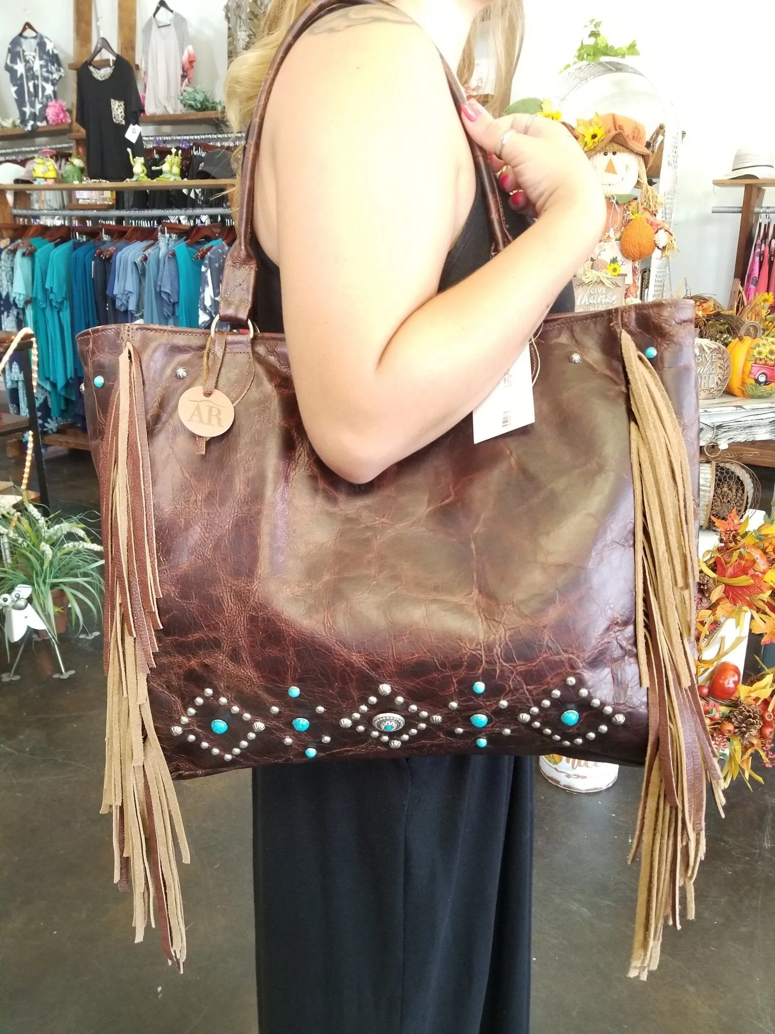 Leather with Turquoise Studs Tote Bag