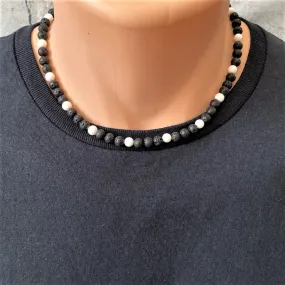 Mens Black Lava and White Shell Beaded Necklace