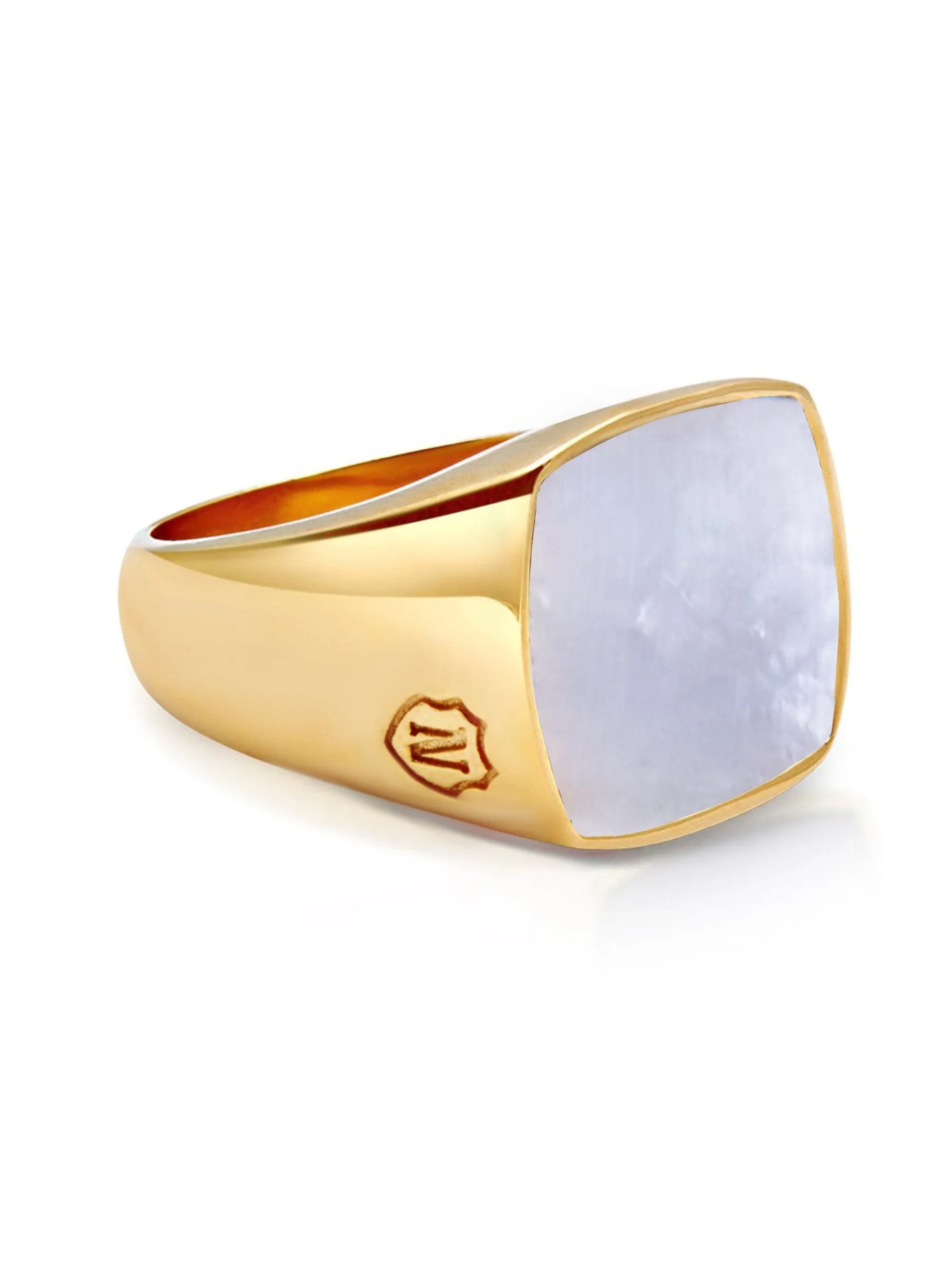 Men's Gold Signet Ring with Natural White Shell