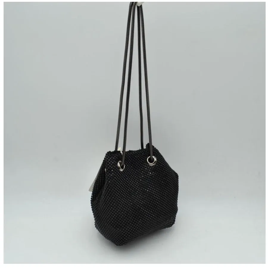 Metal mesh rhinestone chain bucket bag - black