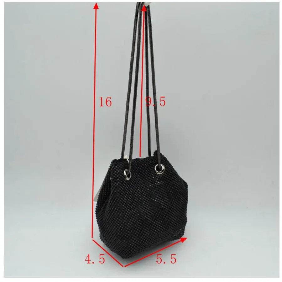 Metal mesh rhinestone chain bucket bag - black