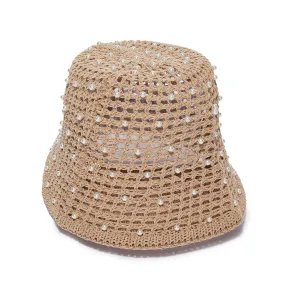 NATURAL OPEN WEAVE PEARL BUCKET HAT