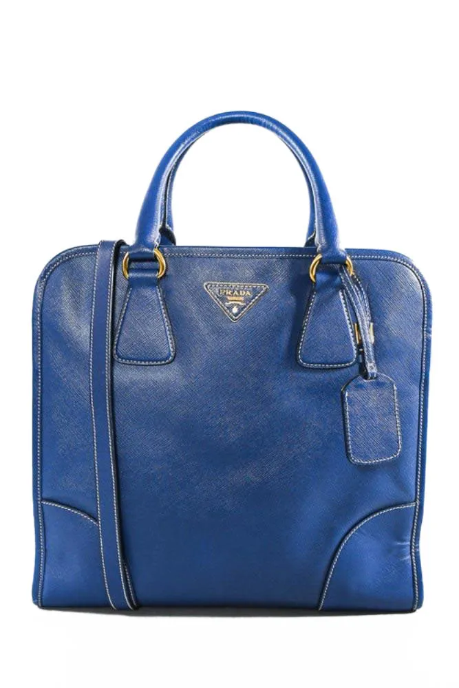 Prada Blue Leather Lucido Tote Top Handle Bag w/ Strap