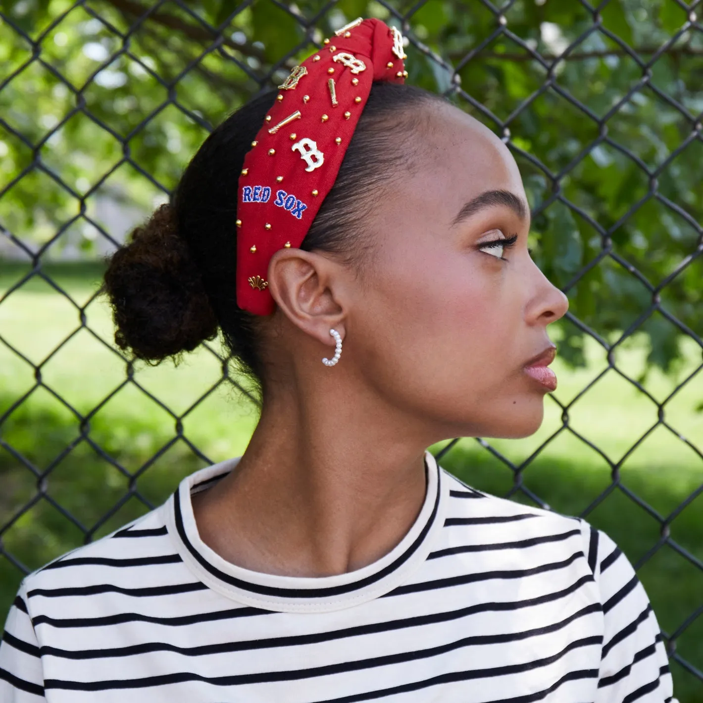 RED BOSTON RED SOX EMBELLISHED KNOTTED HEADBAND