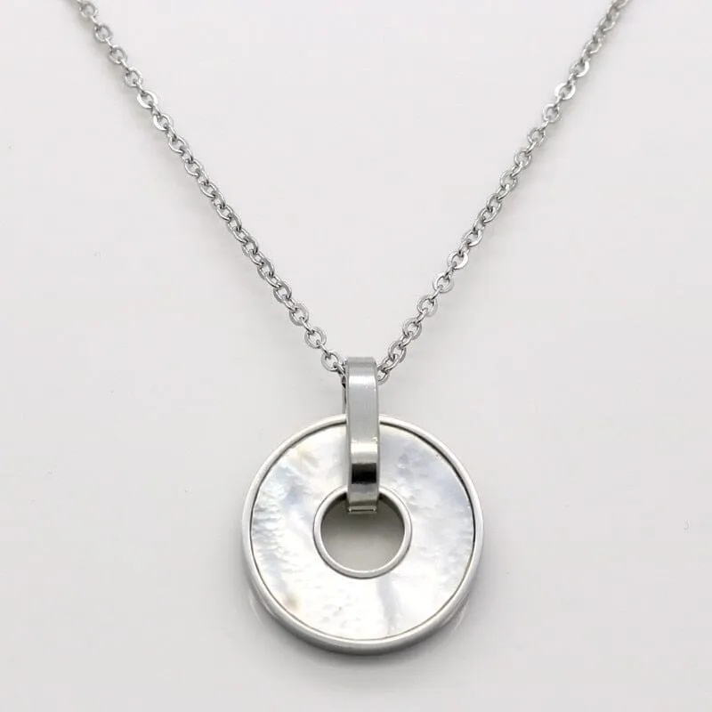 Round White Shell Stainless Steel Link Chain Pendant Necklace