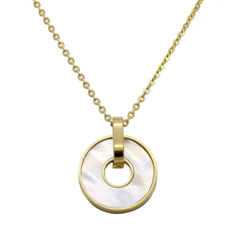 Round White Shell Stainless Steel Link Chain Pendant Necklace