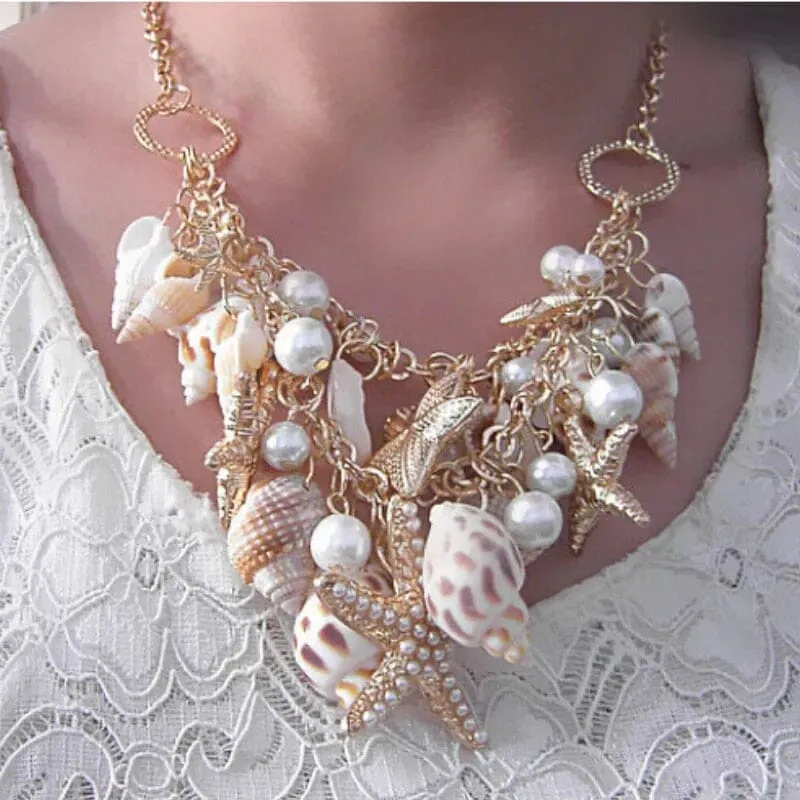 Sweet Fashion Puka Shell Starfish Simulated Pearl Necklace