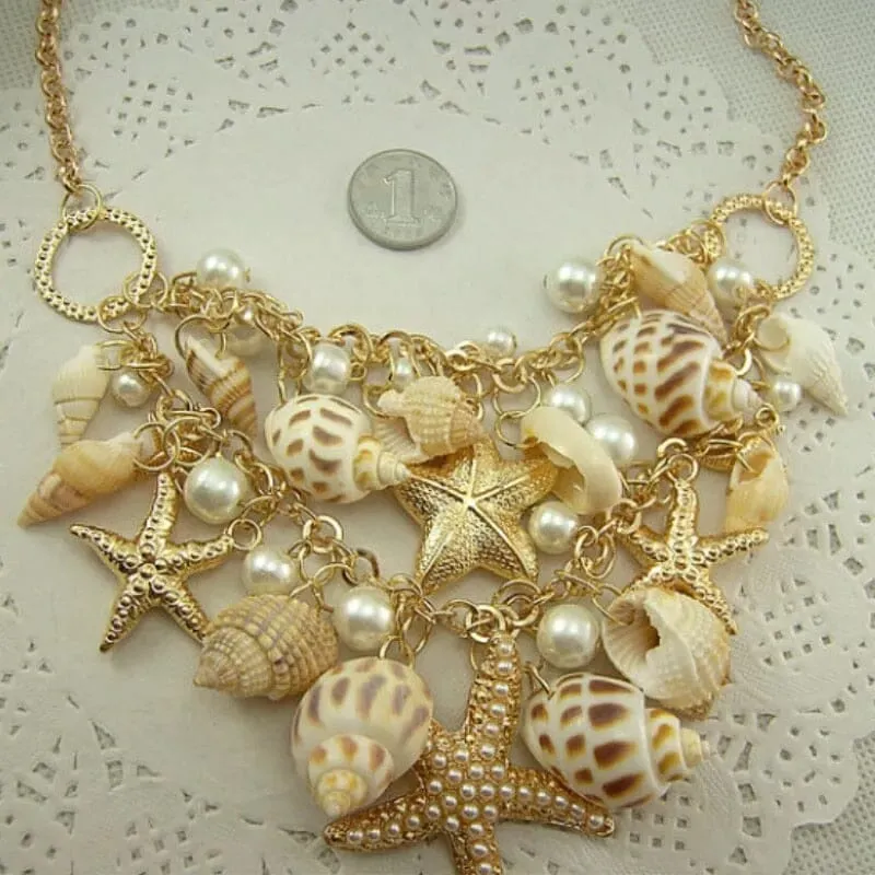 Sweet Fashion Puka Shell Starfish Simulated Pearl Necklace