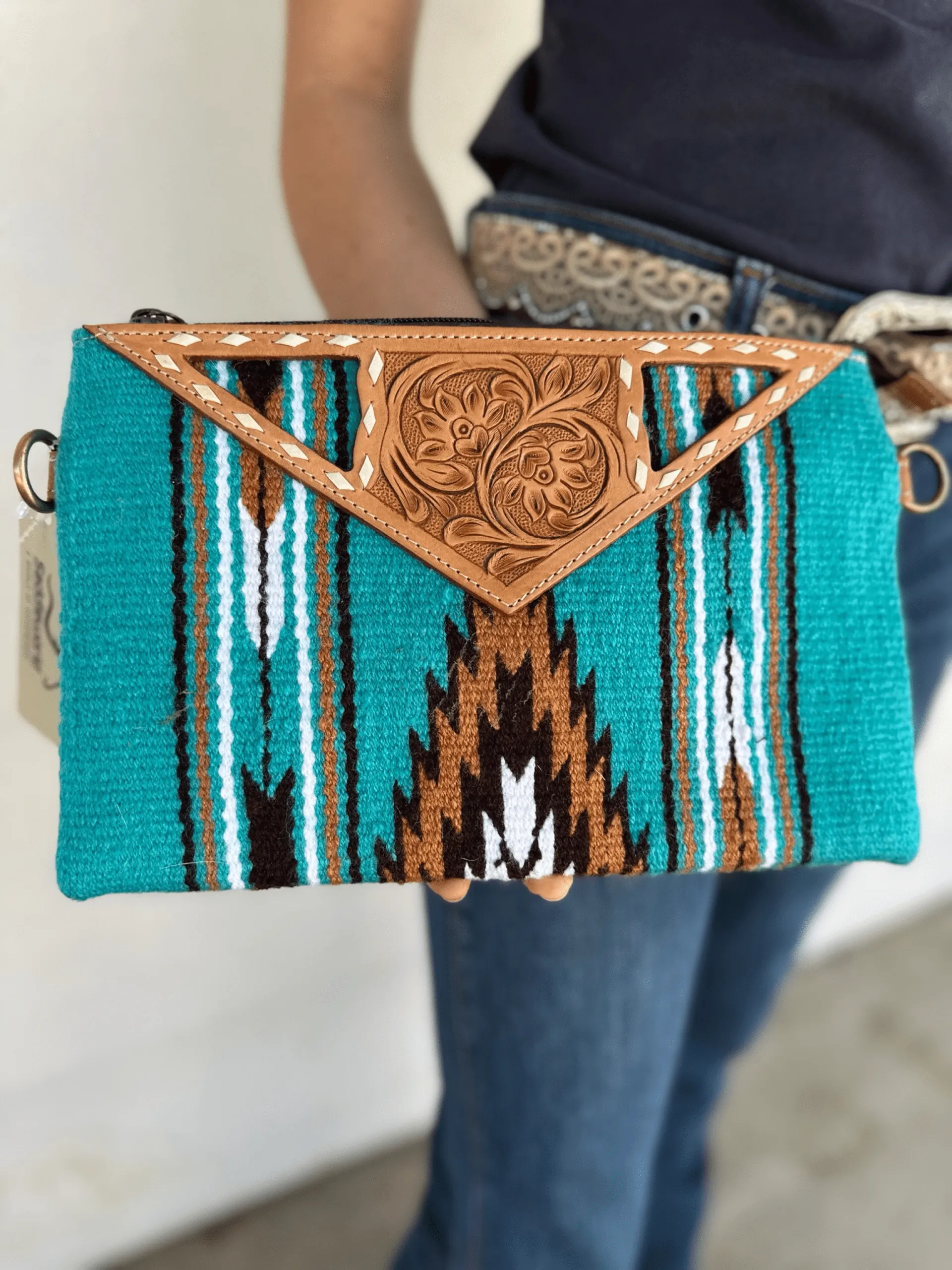 Turquoise Navajo Clutch with Tooled Leather Large