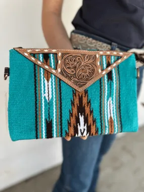 Turquoise Navajo Clutch with Tooled Leather Large