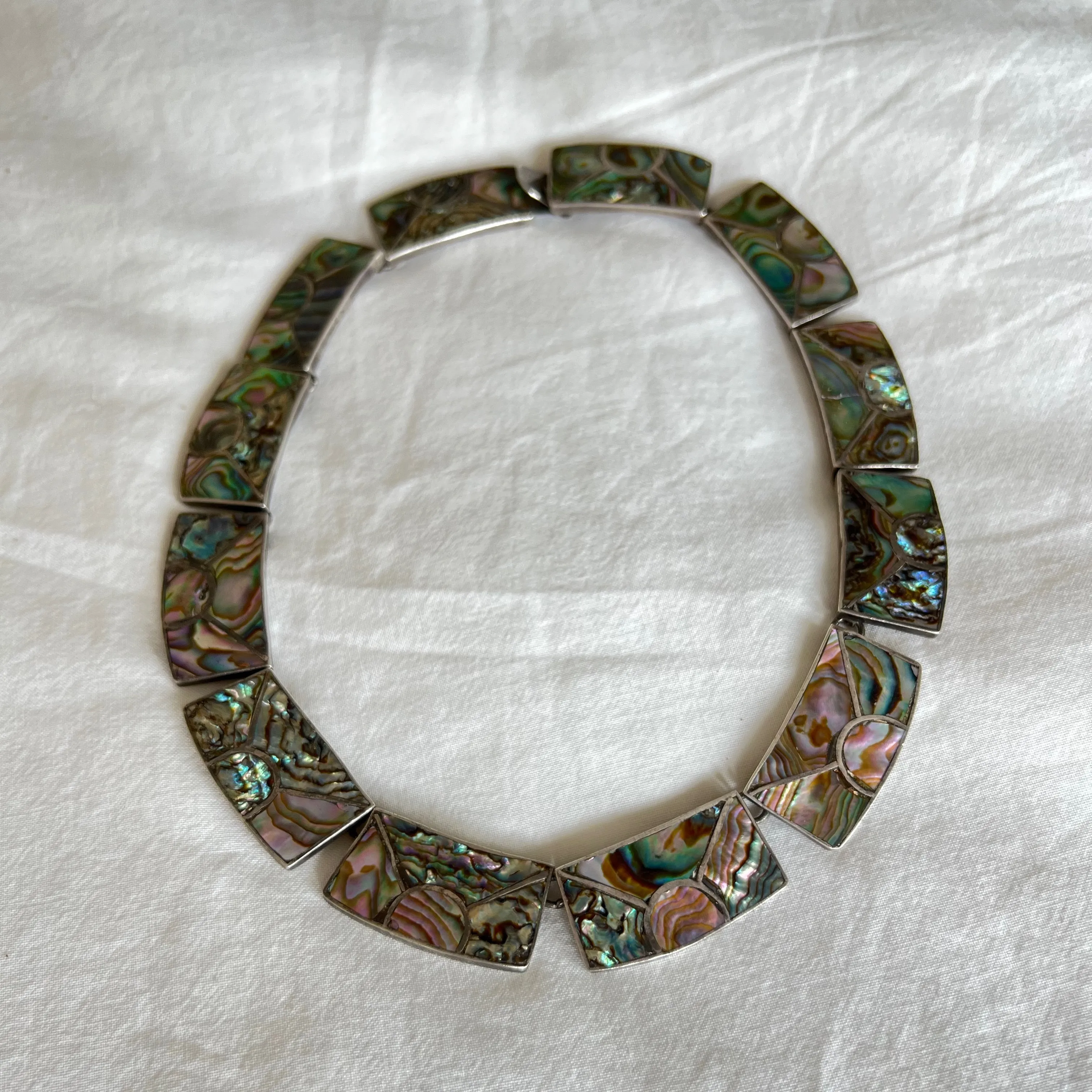 V I N T A G E // rainbow skies / abalone inlay sunshine in sterling silver / Mexican sterling silver necklace / 16, 76g