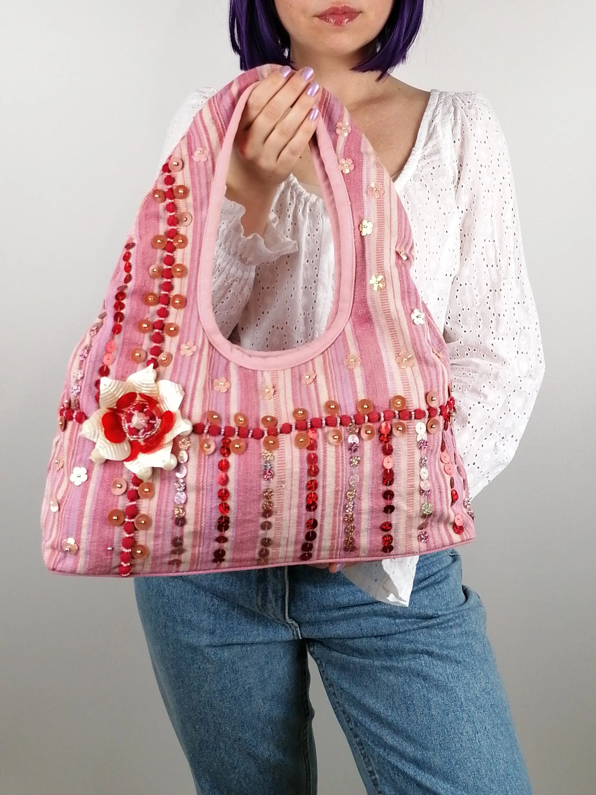 Y2K Pink Stripes Sequins Tote